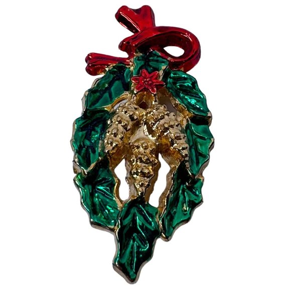 AAI Christmas Brooch Pin Vintage Pinecone Wreath Green Red Goldtoned Holidays - Picture 2 of 6